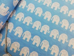 Modrá látka / BÍLÍ sloni plátno ATEST DĚTI látka se slony,  á 1m